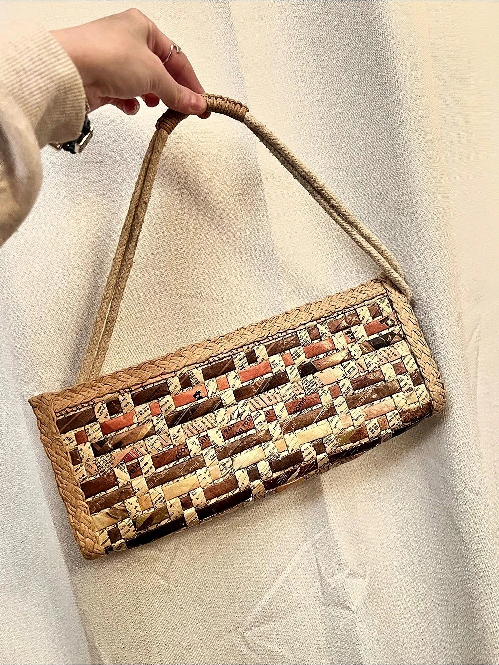 Newspaper Handbag. expertly folded and woven into a sturdy stunning purse.